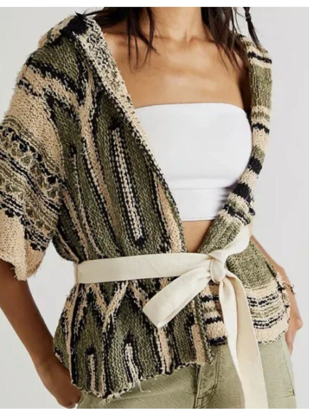Free People Olive Beige Combo Desert Palms Wrap Cardi - Picture 2 of 5